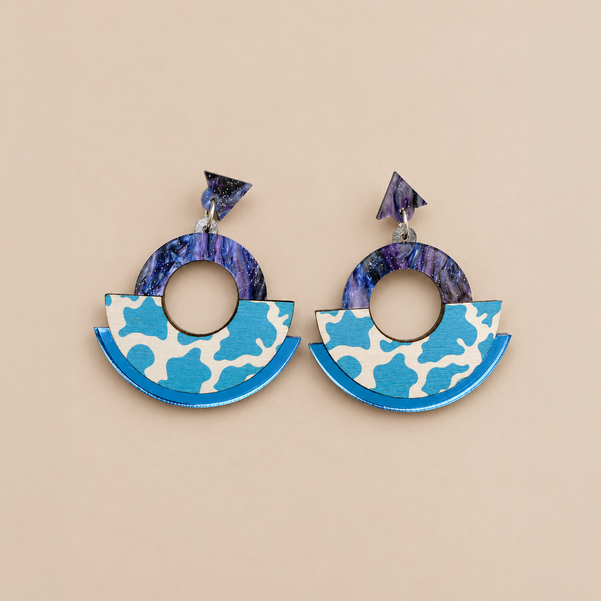 Wild Blue Cow Print Round Statement Fan Earrings