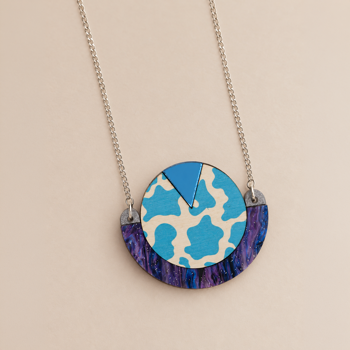 Wild Blue Cow Print Round Pendant Necklace