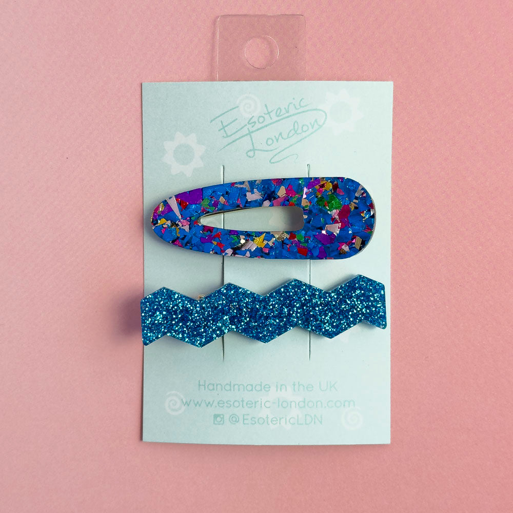 Confetti & Zig Zag Disco Hair Clips - Blue
