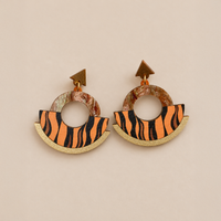 Wild Brown & Gold Tiger Print Round Statement Fan Earrings
