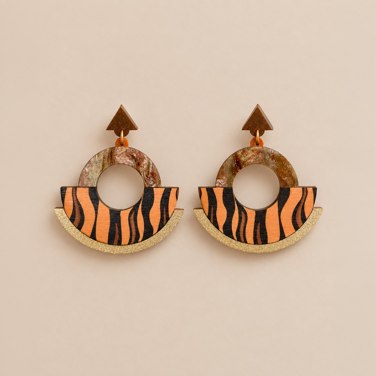 Wild Brown & Gold Tiger Print Round Statement Fan Earrings