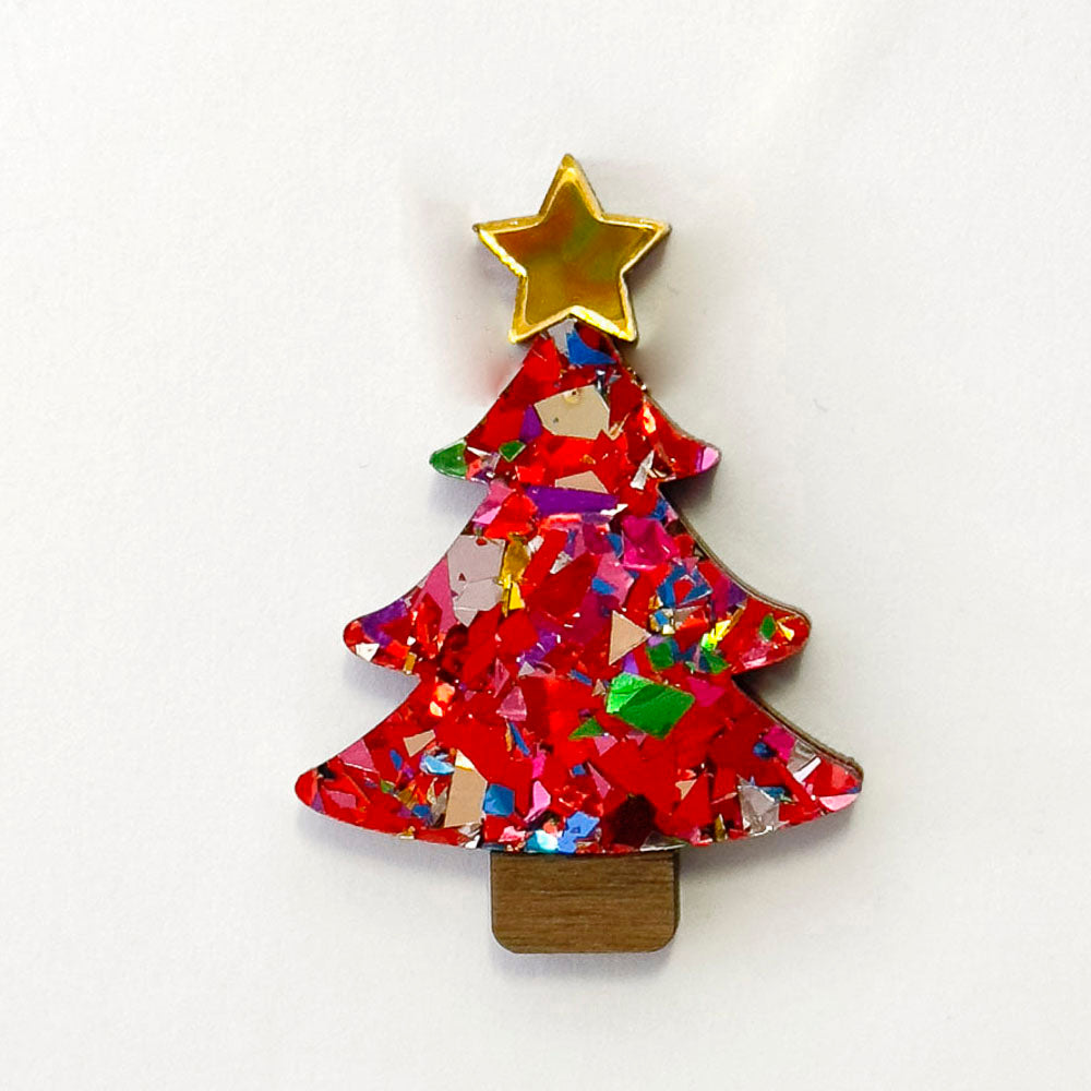 Colour Pop Confetti Christmas Tree Brooch - Red