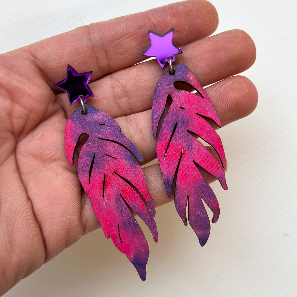Tie Dye Leaf Printed Wooden Dangle Earrings