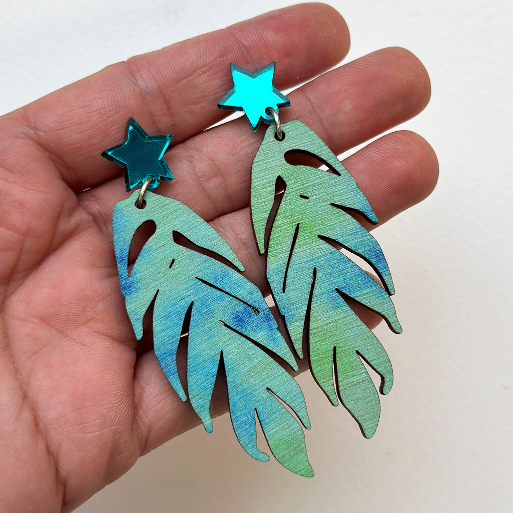 Tie Dye Leaf Printed Wooden Dangle Earrings