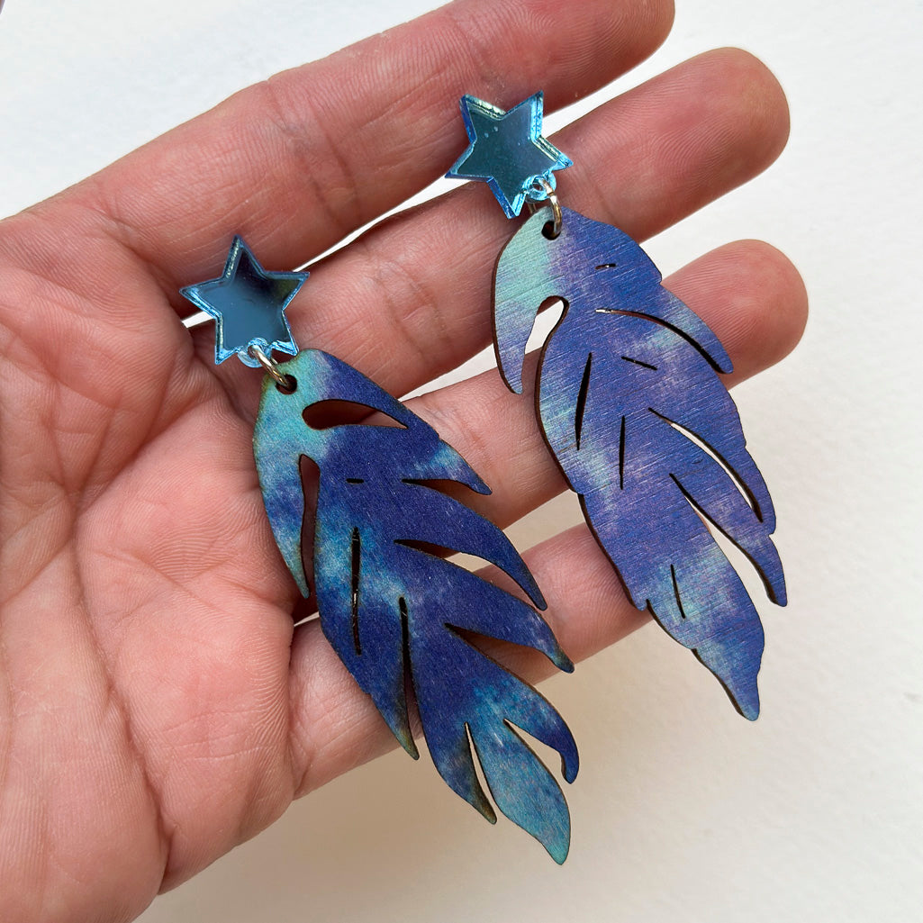 Tie Dye Leaf Printed Wooden Dangle Earrings
