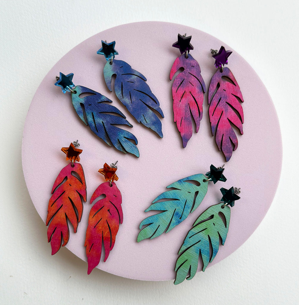 Tie Dye Leaf Printed Wooden Dangle Earrings