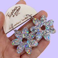 Flower Dangle Hoop Earrings - Silver Holographic Confetti
