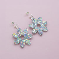 Flower Dangle Hoop Earrings - Silver Holographic Confetti