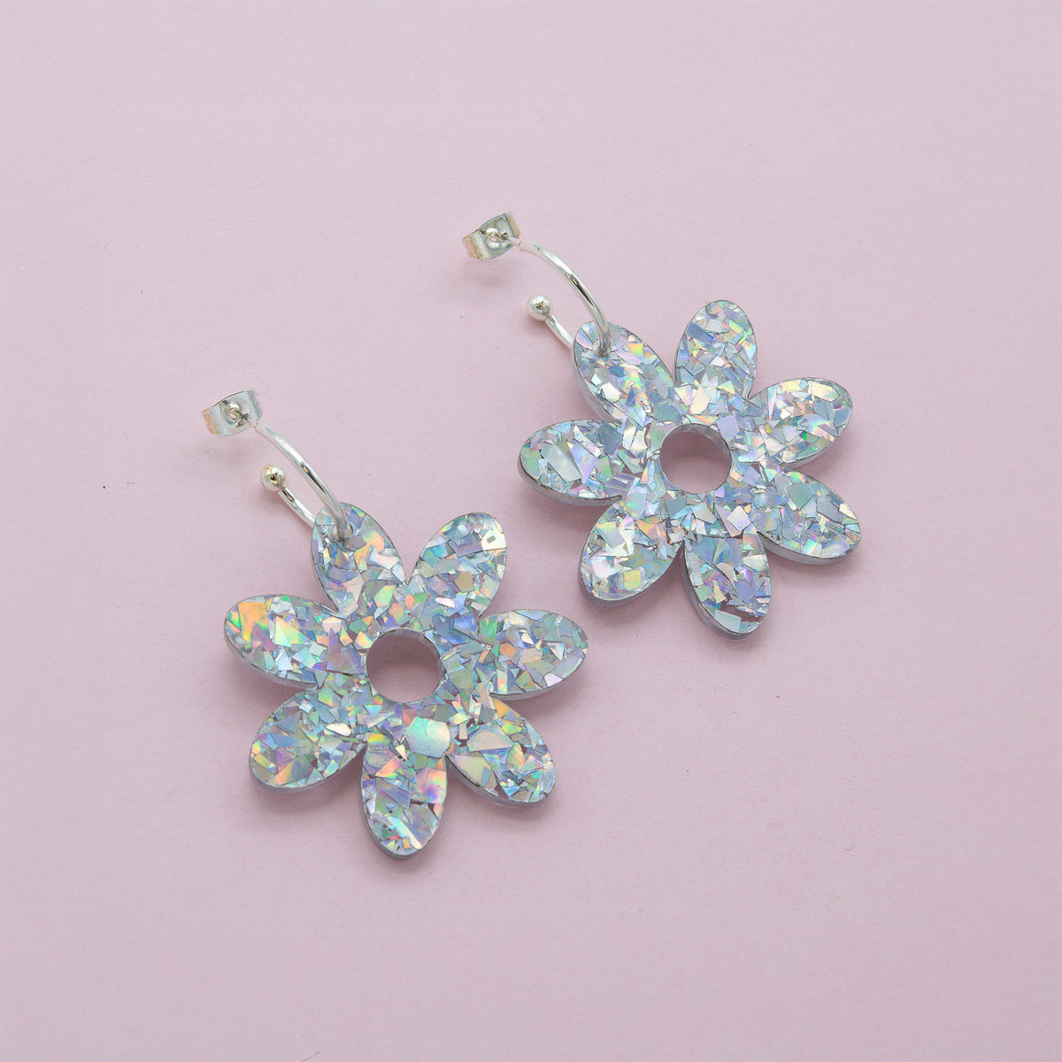 Flower Dangle Hoop Earrings - Silver Holographic Confetti