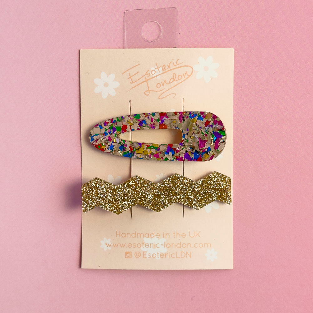 Confetti & Zig Zag Disco Hair Clips - Gold