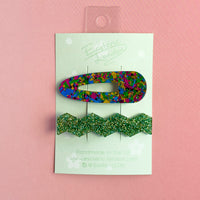 Confetti & Zig Zag Disco Hair Clips - Green