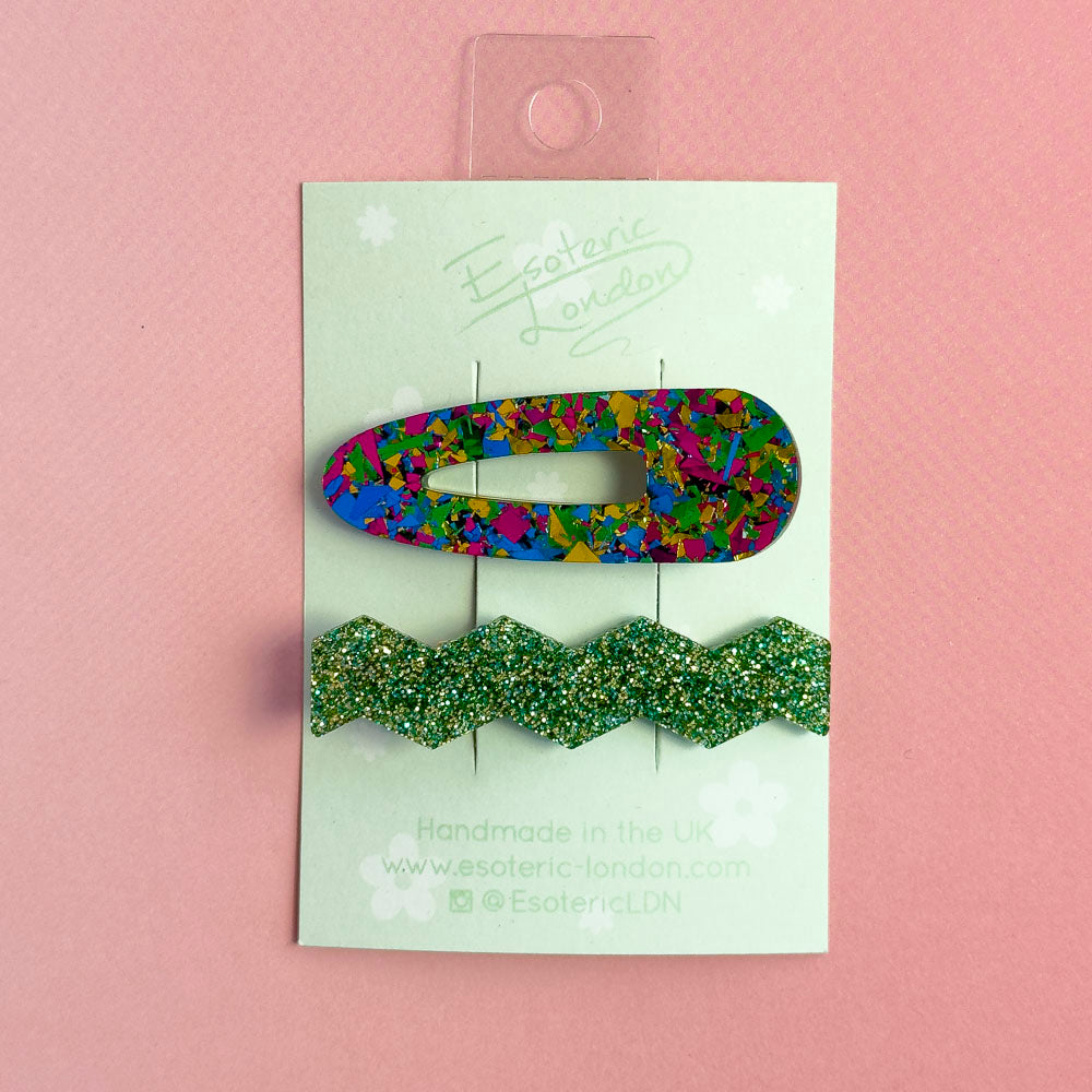 Confetti & Zig Zag Disco Hair Clips - Green
