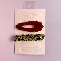 Scallop & Wiggle Disco Hair Clips - Red & Gold