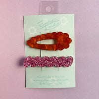 Scallop & Wiggle Disco Hair Clips - Orange & Pink