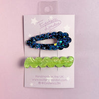 Scallop & Wiggle Disco Hair Clips - Blue & Apple