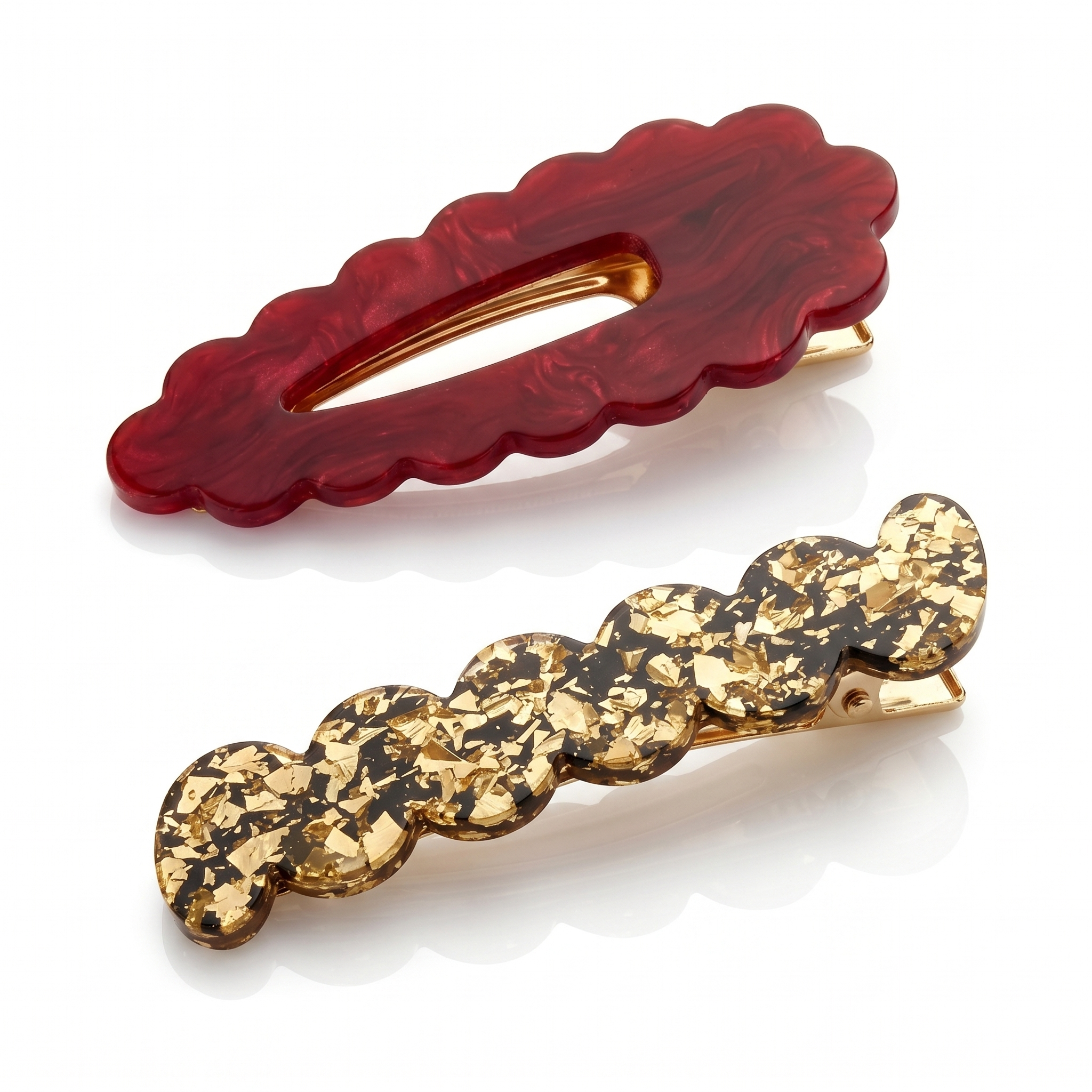 Scallop & Wiggle Disco Hair Clips - Red & Gold