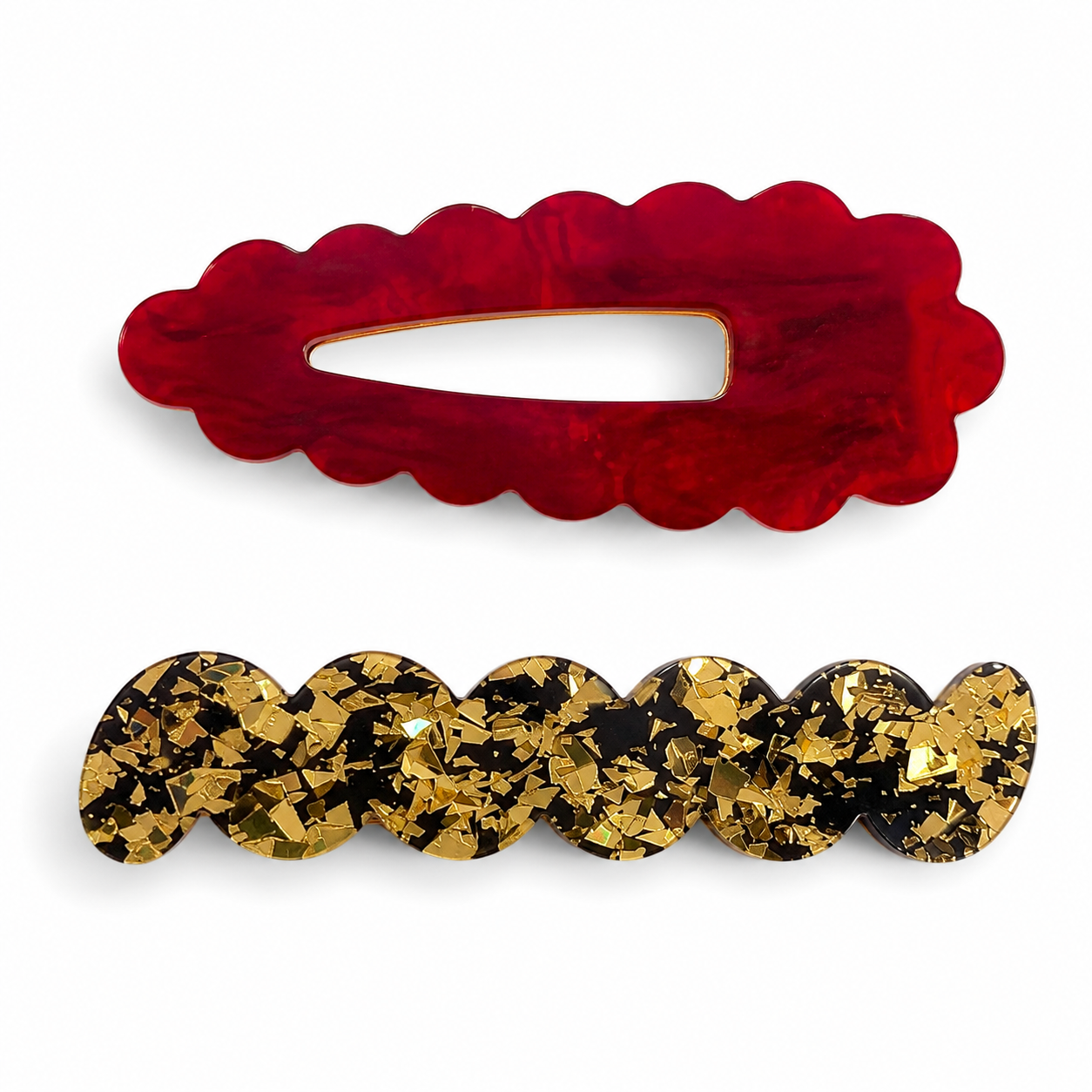 Scallop & Wiggle Disco Hair Clips - Red & Gold