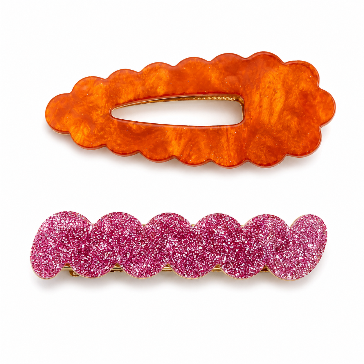 Scallop & Wiggle Disco Hair Clips - Orange & Pink
