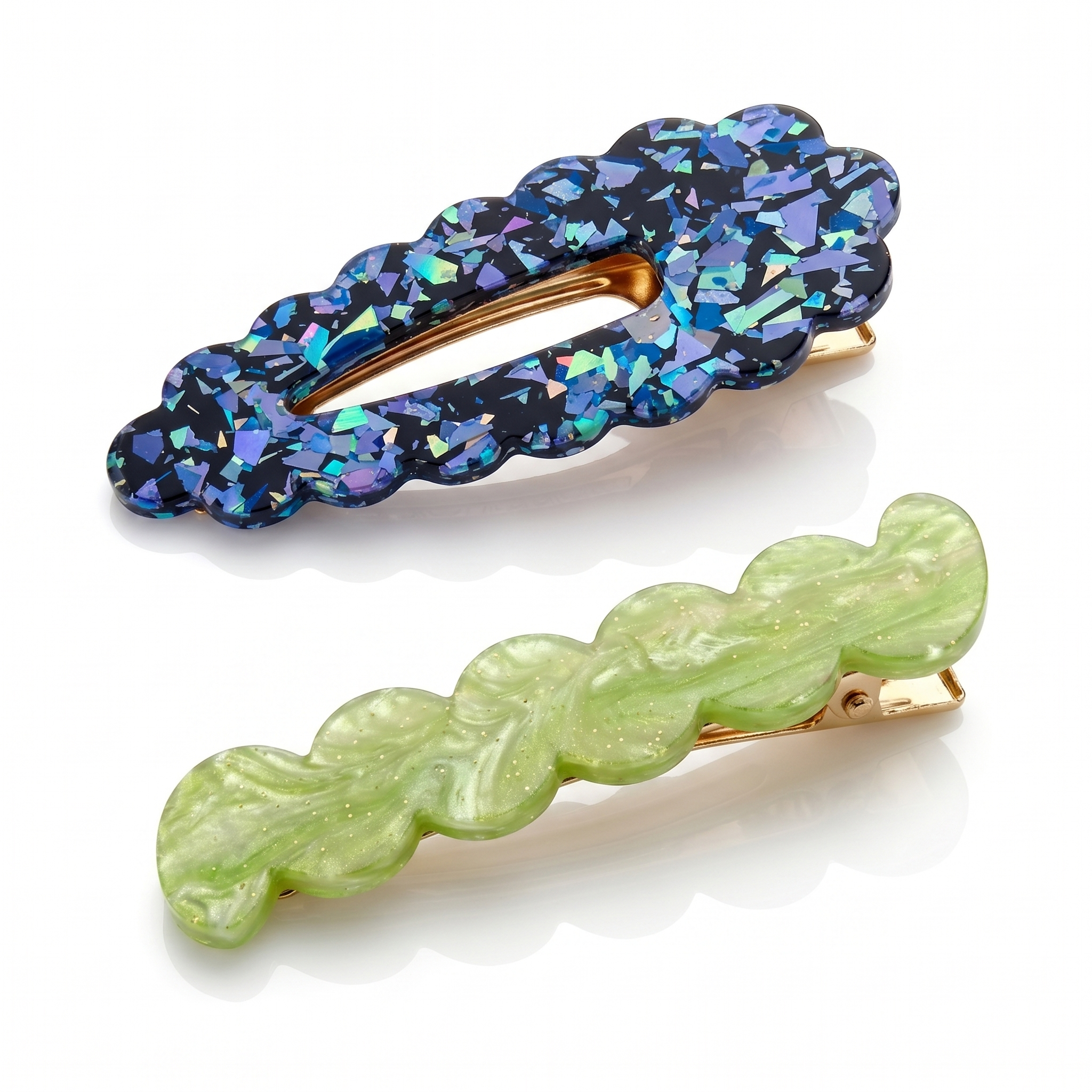 Scallop & Wiggle Disco Hair Clips - Blue & Apple