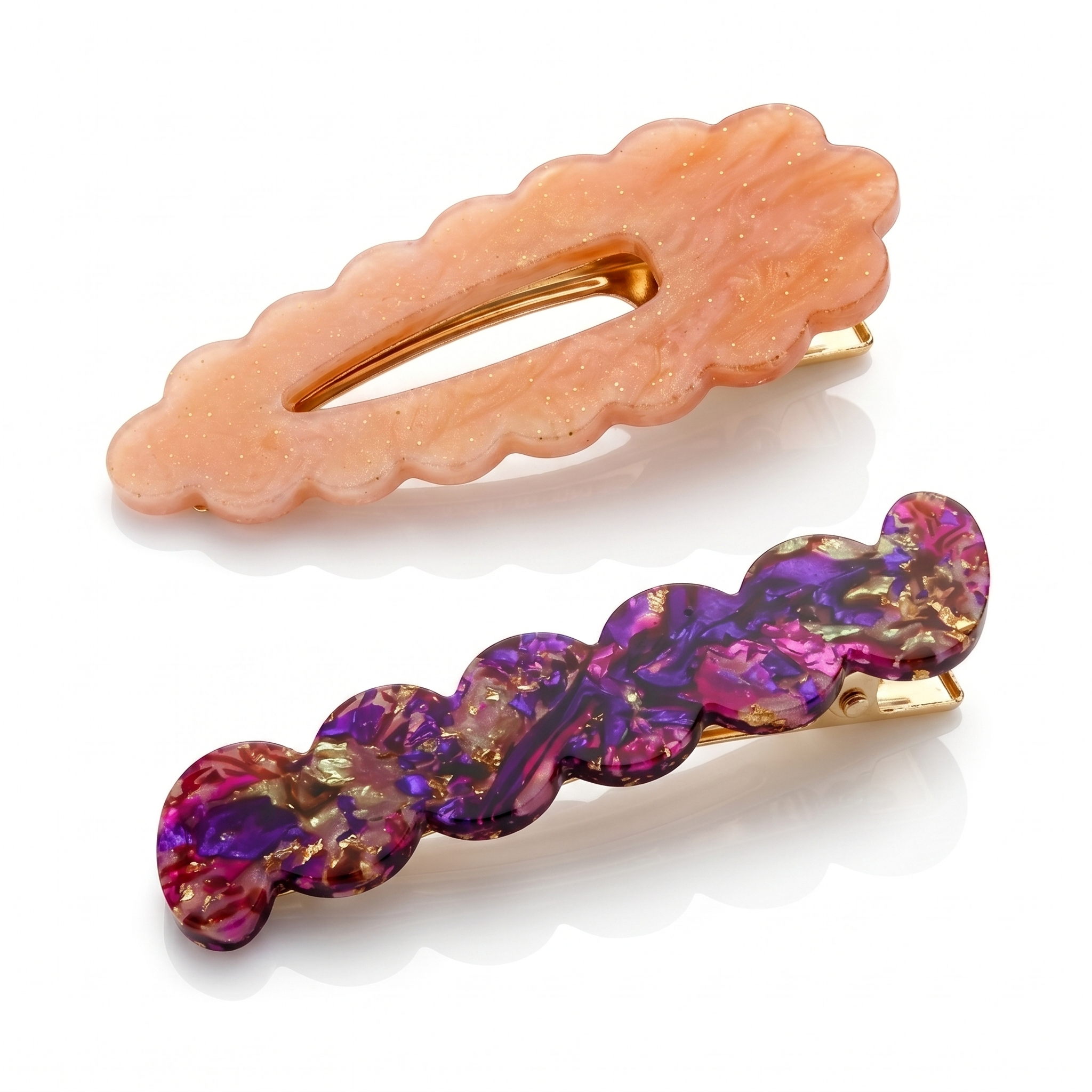 Scallop & Wiggle Disco Hair Clips - Orange & Rose