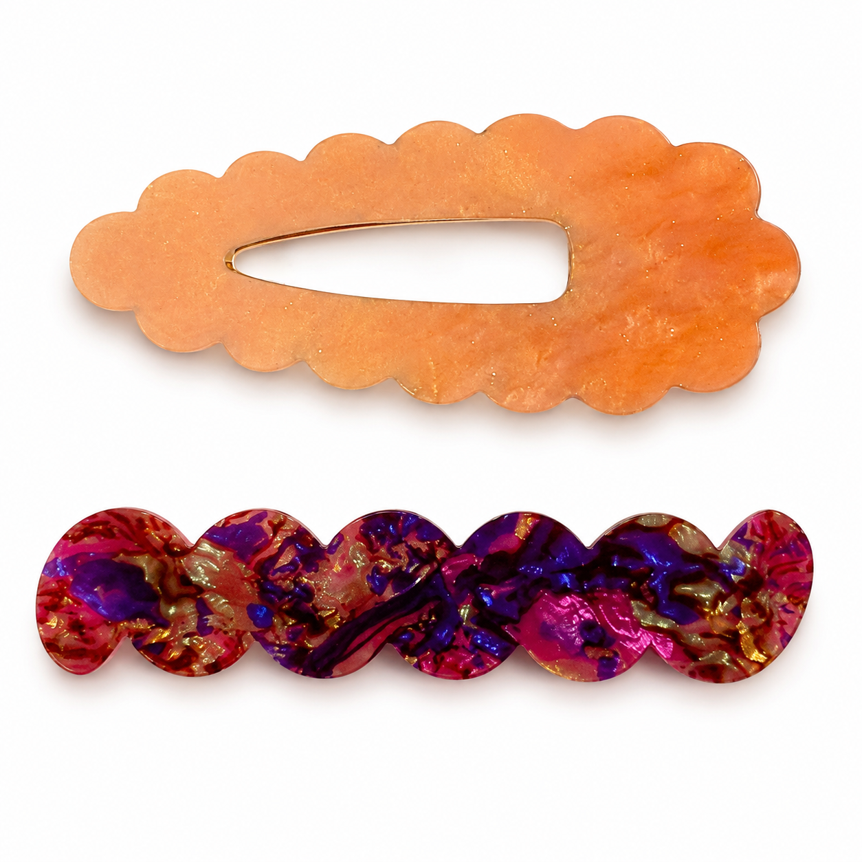 Scallop & Wiggle Disco Hair Clips - Orange & Rose