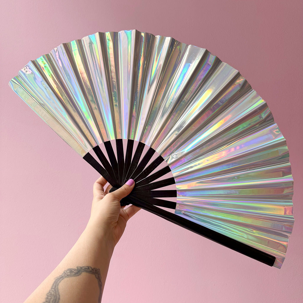 Giant Hand Fan With Black Bamboo Handle, Holographic Silver