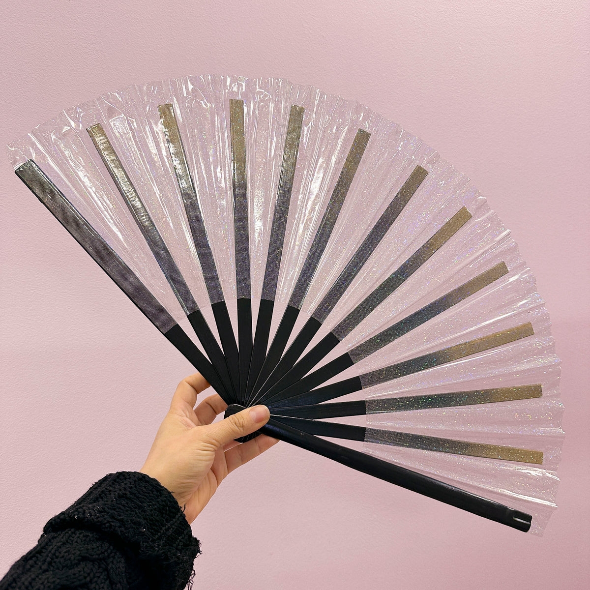 Giant Hand Fan With Black Bamboo Handle - Transparent Holographic Sparkle *SLIGHT SECONDS*