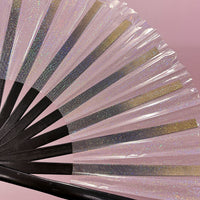 Giant Hand Fan With Black Bamboo Handle - Transparent Holographic Sparkle *SLIGHT SECONDS*