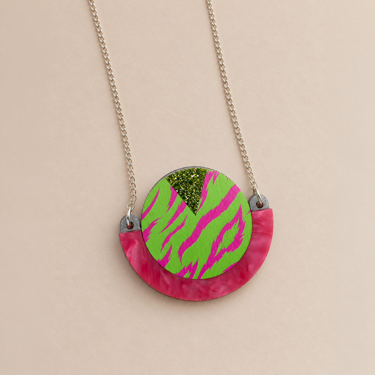 Wild Pink & Lime Tiger Print Round Pendant Necklace