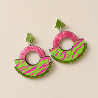 Wild Pink & Lime Tiger Print Round Statement Fan Earrings