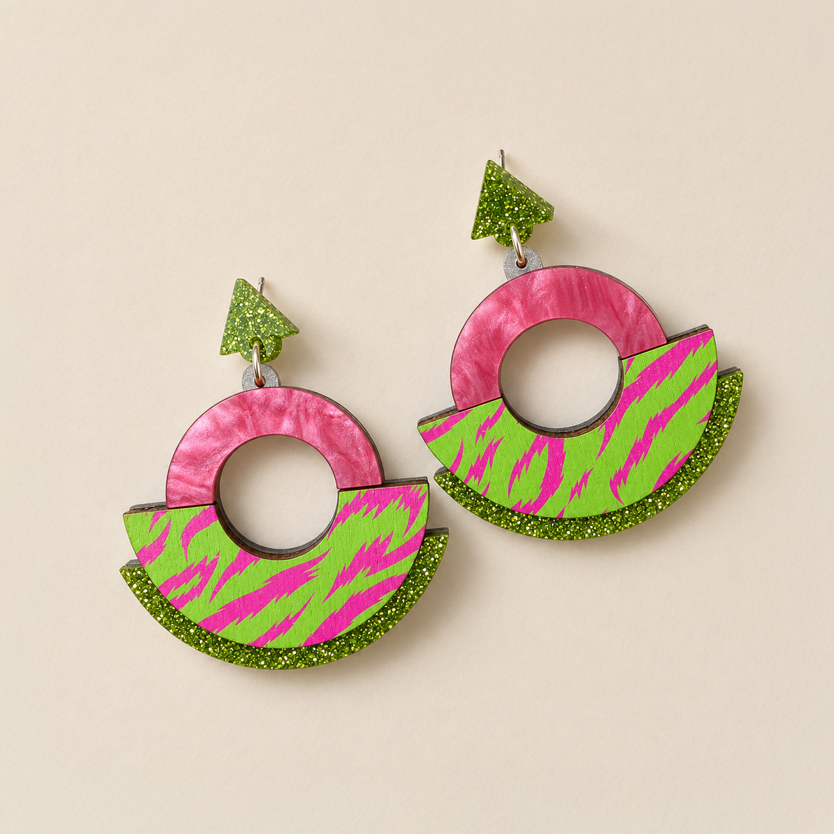 Wild Pink & Lime Tiger Print Round Statement Fan Earrings