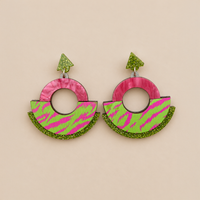 Wild Pink & Lime Tiger Print Round Statement Fan Earrings
