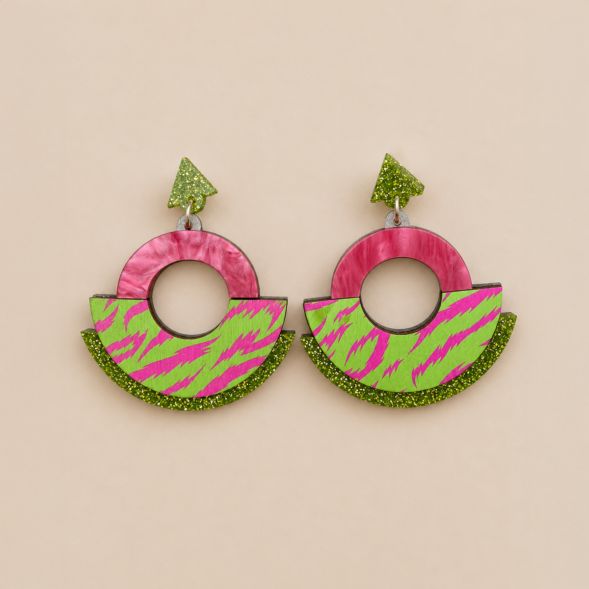 Wild Pink & Lime Tiger Print Round Statement Fan Earrings