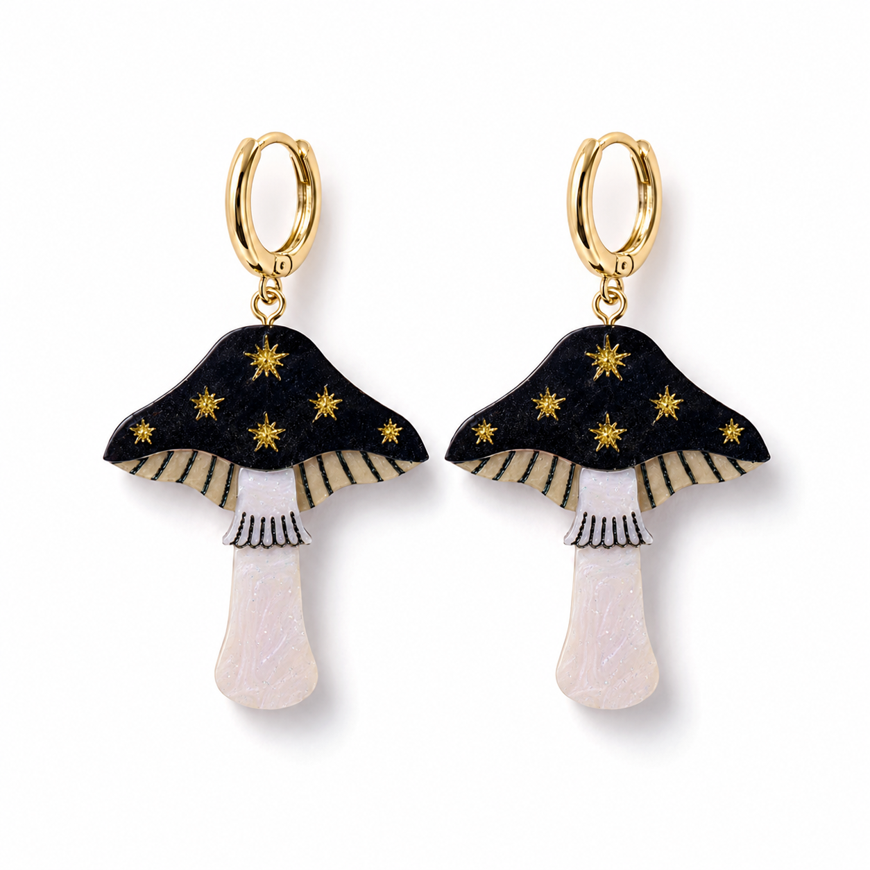 Mini Toadstool Dangle Earrings - Black/ Gold