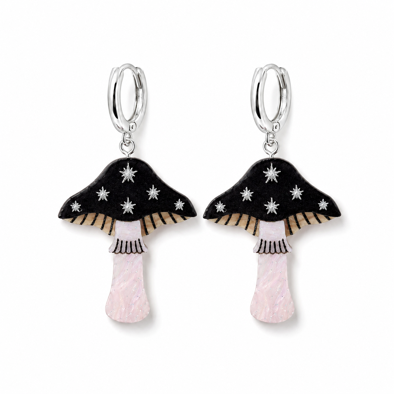 Mini Toadstool Dangle Earrings - Black/ Silver