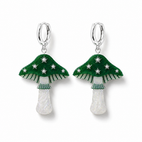 Mini Toadstool Dangle Earrings - Green/ Silver