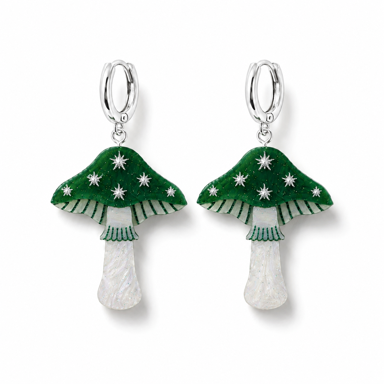 Mini Toadstool Dangle Earrings - Green/ Silver