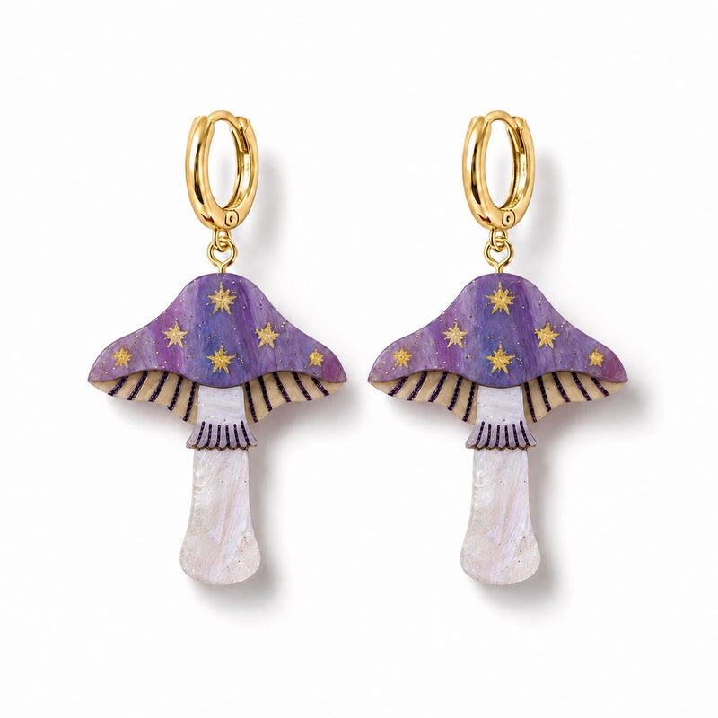 Lilac marbled toadstool earrings with gold stars, striped gills and pearly white stems on gold huggie hoops