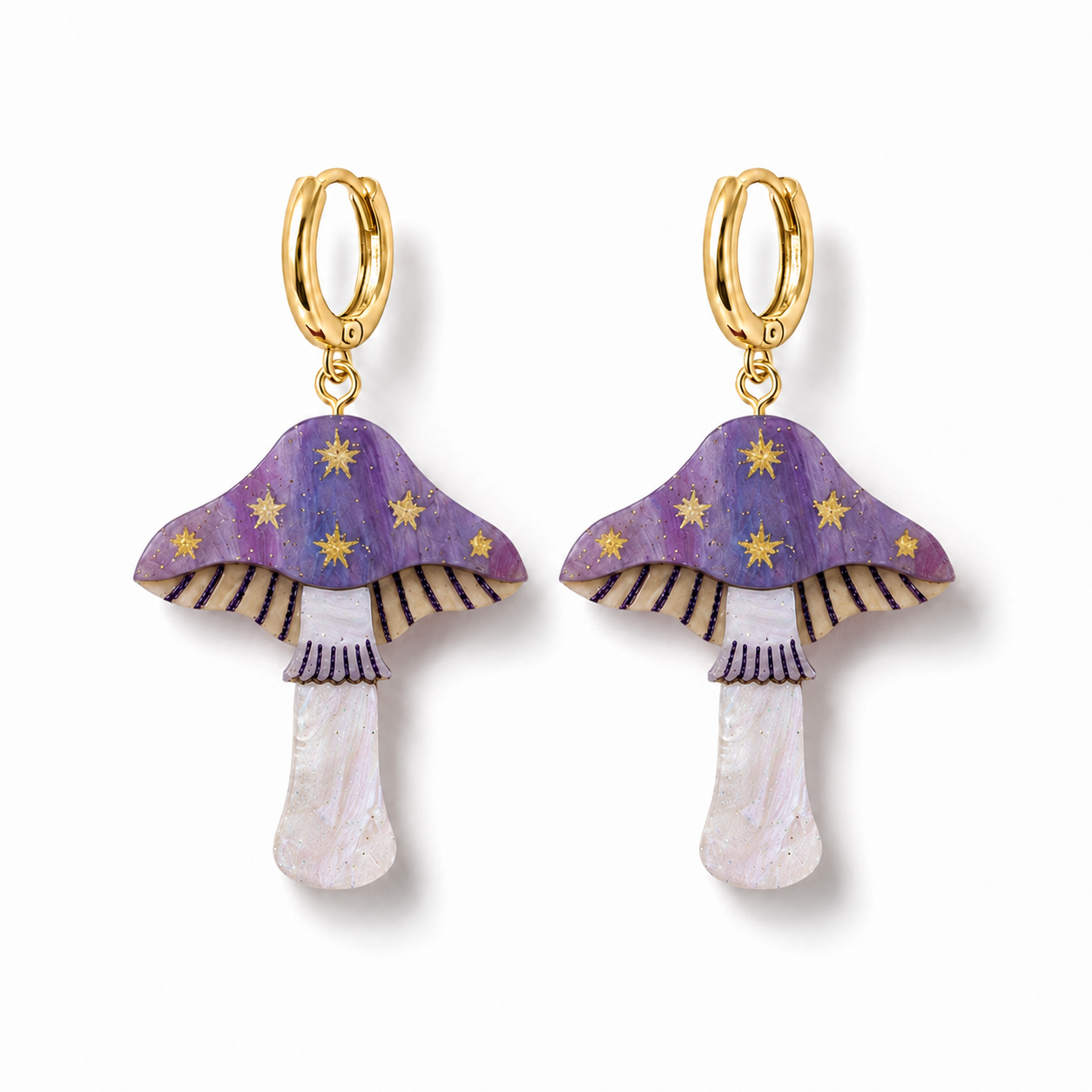 Mini Toadstool Dangle Earrings - Lilac/ Gold