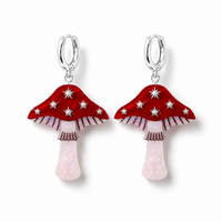 Mini Toadstool Dangle Earrings - Red/ Silver
