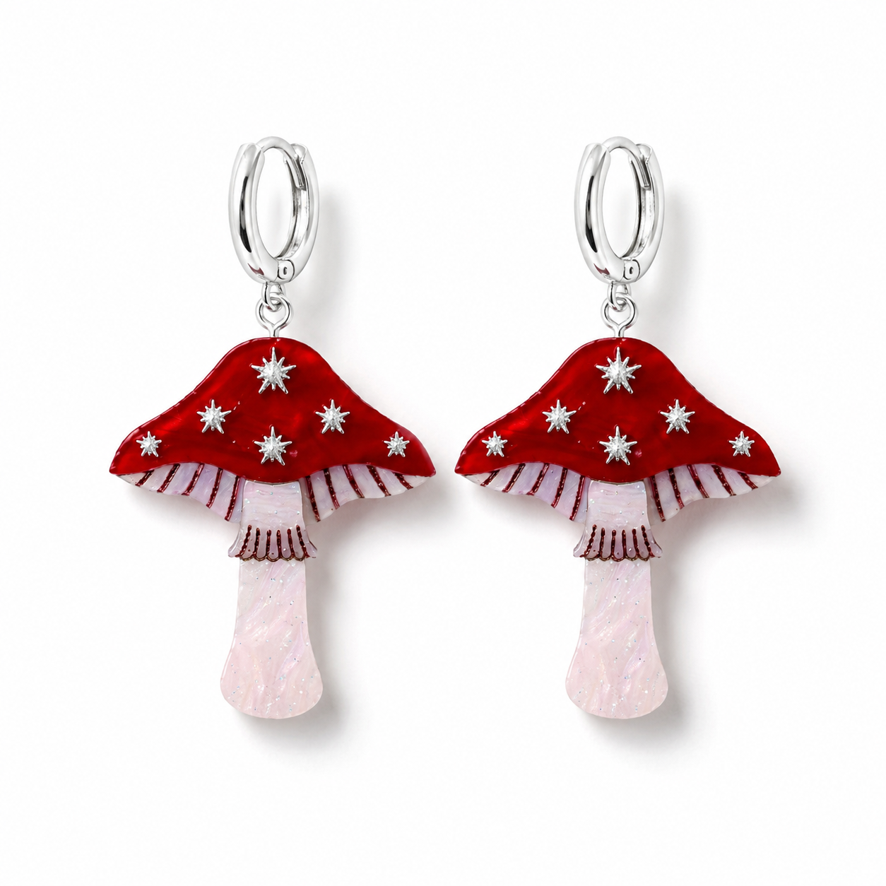 Mini Toadstool Dangle Earrings - Red/ Silver