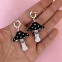 Mini Toadstool Dangle Earrings - Black/ Silver