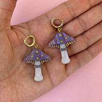 Mini Toadstool Dangle Earrings - Lilac/ Gold