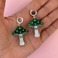 Mini Toadstool Dangle Earrings - Green/ Silver