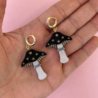 Mini Toadstool Dangle Earrings - Black/ Gold