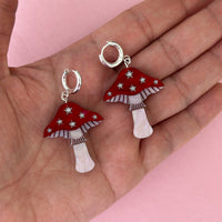 Mini Toadstool Dangle Earrings - Red/ Silver