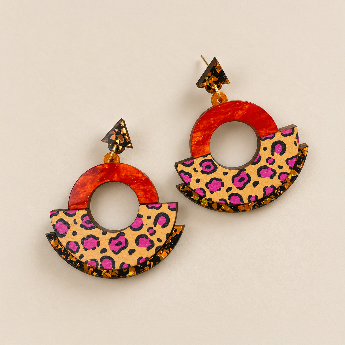 Wild Orange Leopard Print Round Statement Fan Earrings