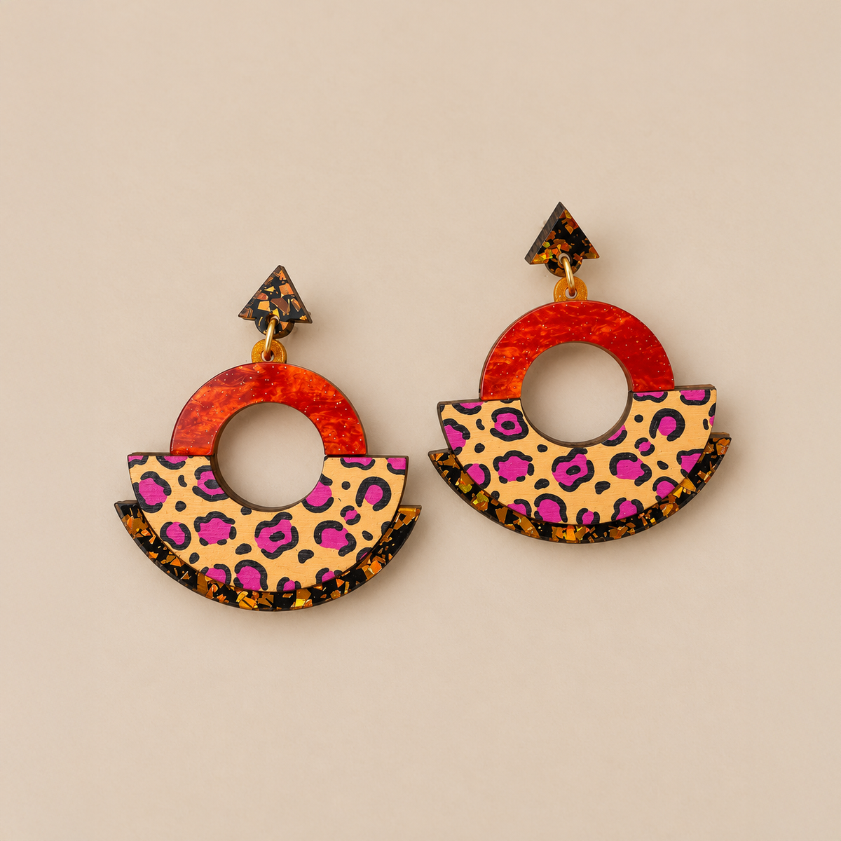Wild Orange Leopard Print Round Statement Fan Earrings