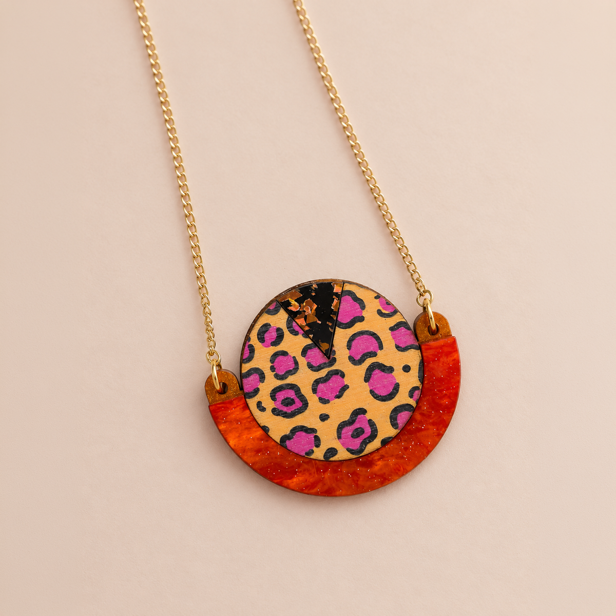 Wild Orange Leopard Print Round Pendant Necklace