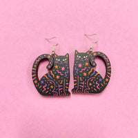 Printed Doodle Cat reversible wooden dangle earrings